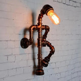 Steampunk Pipe Robot Wall Sconce With Single-Bulb - Wrought Iron Light In Black/Bronze/Copper Copper