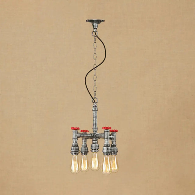 Steampunk Pipe & Valve Chandelier - Antique Silver/Bronze 5-Light Ceiling Fixture Aged Silver