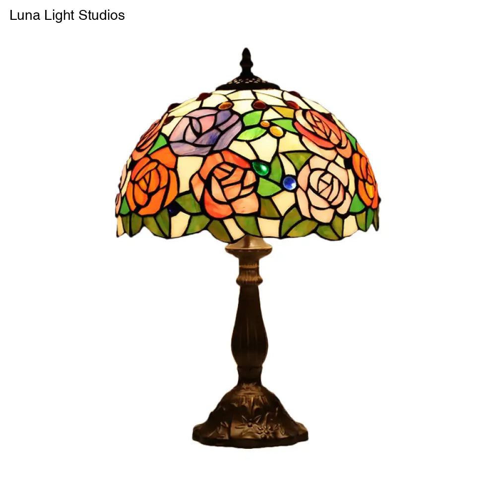 Stefania - Tiffany Bronze 1 Bulb Table Lighting Tiffany Rose Blossom Cut Glass Night Stand Lamp with Cabochons