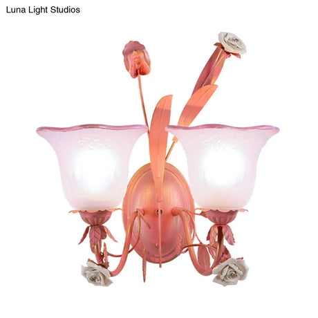 Stunning Pink Frosted Glass Bellflower Wall Sconce With Crystal Accent: Countryside 1/2-Light Lamp