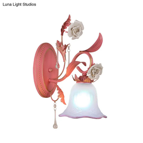Stunning Pink Frosted Glass Bellflower Wall Sconce With Crystal Accent: Countryside 1/2-Light Lamp