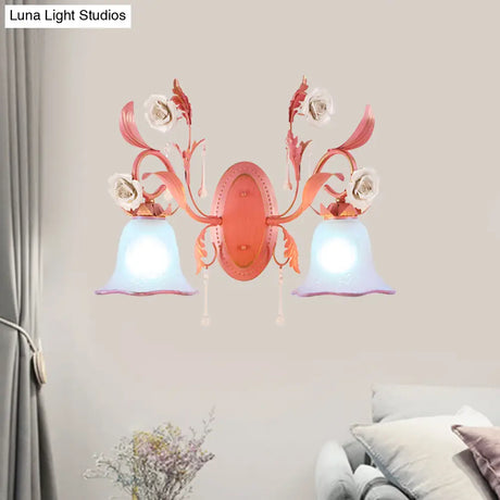 Stunning Pink Frosted Glass Bellflower Wall Sconce With Crystal Accent: Countryside 1/2-Light Lamp