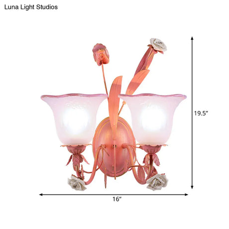 Stunning Pink Frosted Glass Bellflower Wall Sconce With Crystal Accent: Countryside 1/2-Light Lamp