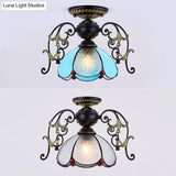 Stunning Traditional Stained Glass Ceiling Light With Blue Diamond/Frosted Shade - Black/White Semi