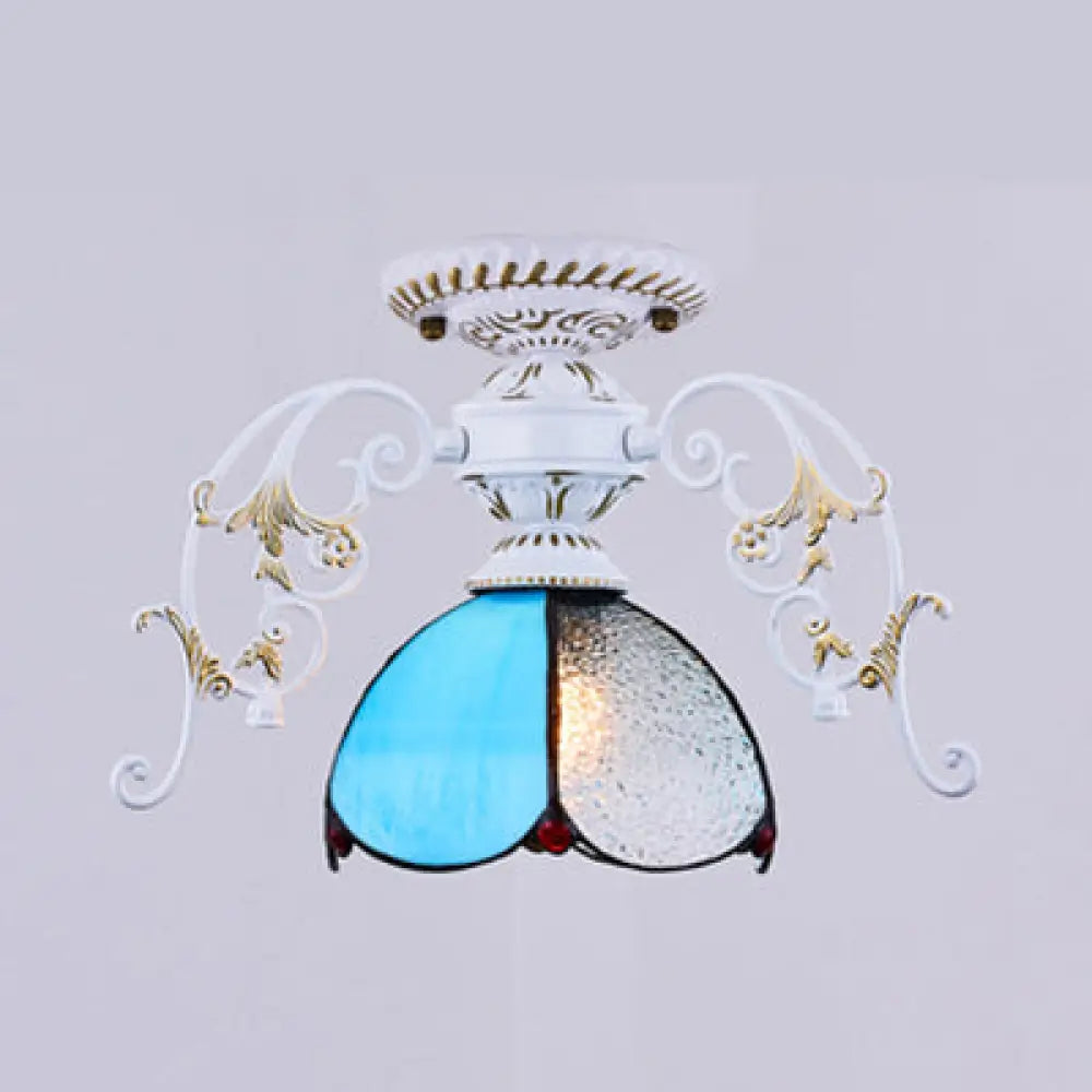 Stunning Traditional Stained Glass Ceiling Light With Blue Diamond/Frosted Shade - Black/White Semi