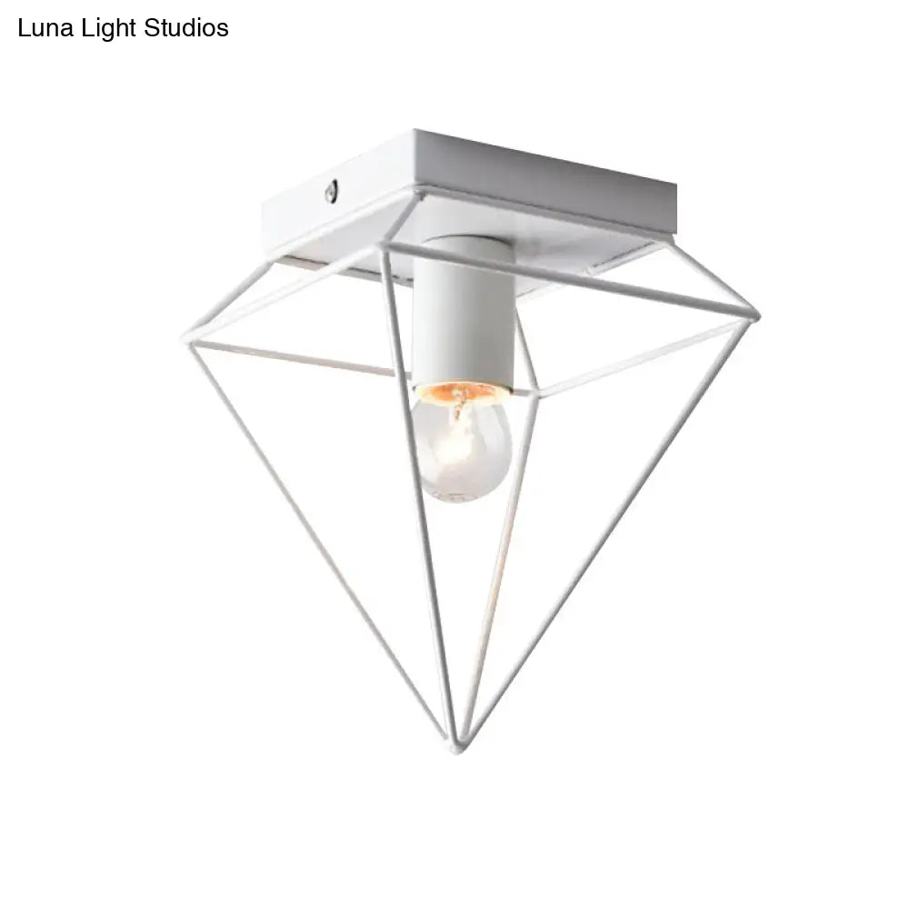 Stylish 1-Light Diamond Cage Flush Mount Ceiling Light - Black/White Metallic Lamp For Study Room