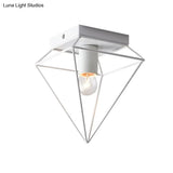Stylish 1-Light Diamond Cage Flush Mount Ceiling Light - Black/White Metallic Lamp For Study Room
