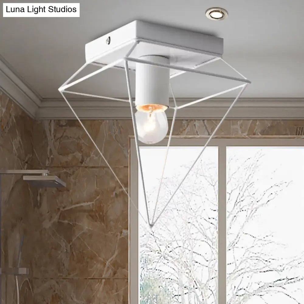 Stylish 1-Light Diamond Cage Flush Mount Ceiling Light - Black/White Metallic Lamp For Study Room