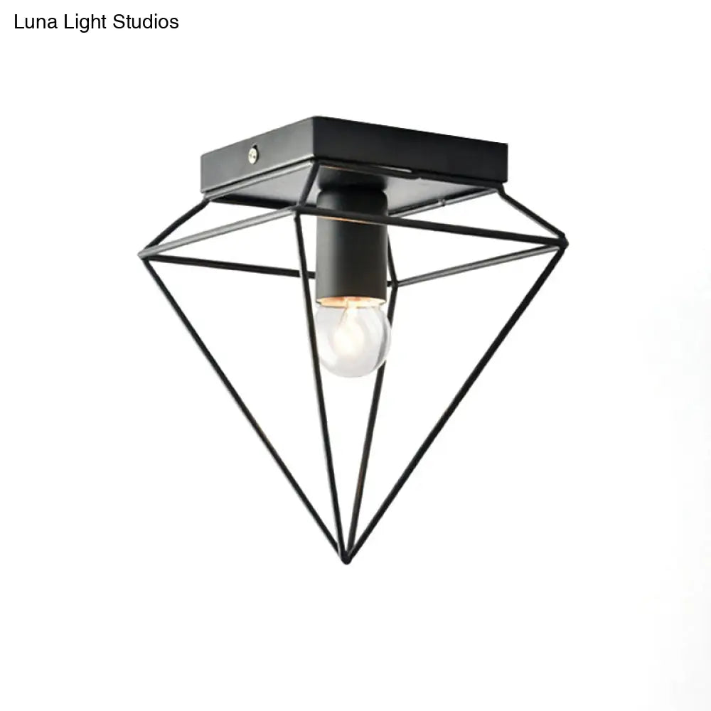 Stylish 1-Light Diamond Cage Flush Mount Ceiling Light - Black/White Metallic Lamp For Study Room