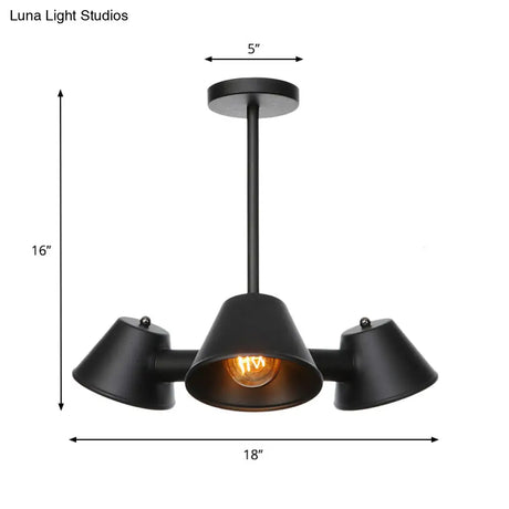 Stylish Black Industrial Chandelier With Conical Metal Shade - 3 Lights Indoor Ceiling Lamp