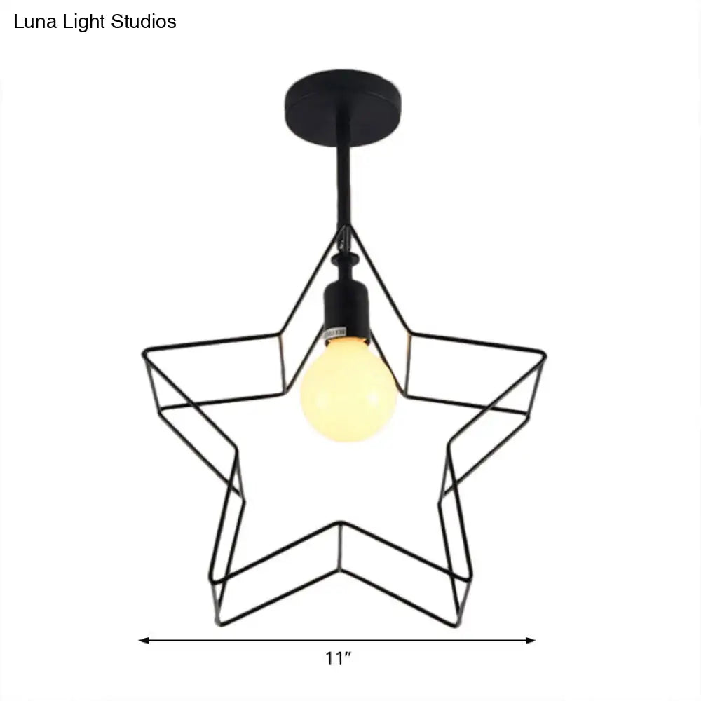 Stylish Black Wire Frame Ceiling Lamp With Star Shade - Bedroom Semi Flush Mount Lighting
