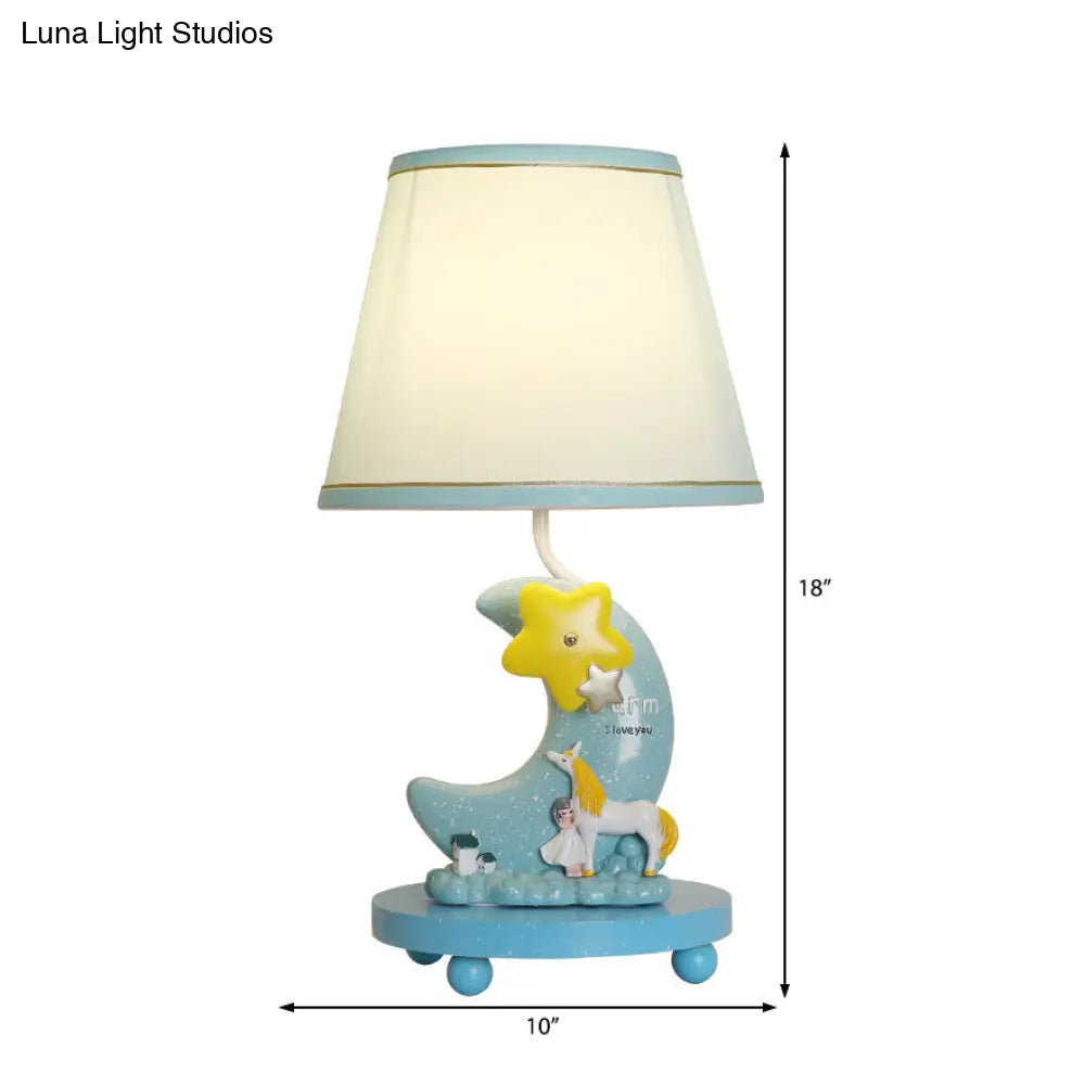 Stylish Blue Fabric Cone Table Lamp With Moon And Star Design