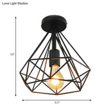 Stylish Diamond Metallic Ceiling Light Fixture For Bedroom - Semi Flush Industrial Cage Design