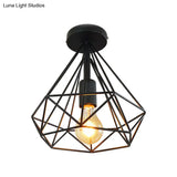 Stylish Diamond Metallic Ceiling Light Fixture For Bedroom - Semi Flush Industrial Cage Design