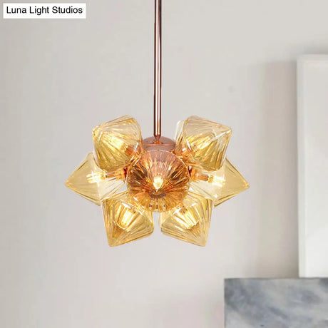 Stylish Farmhouse Chandelier Lamp: Diamond Amber/Clear Glass 9/12 Heads Copper/Gold Finish