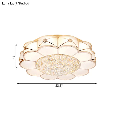Stylish Gold Led Ceiling Light: Modern Frosted Glass Petals Fixture With Crystal Ball Drop