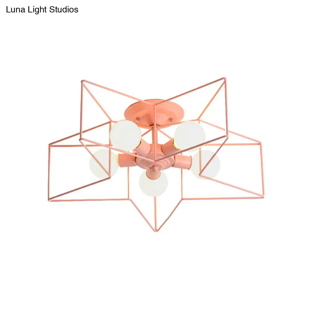 Stylish Grey/Pink Metallic Loft Indoor Semi-Flush Ceiling Light With Star Cage Shade - Set Of 5