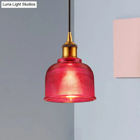 Stylish Grid Glass Pendant Light - Traditional 1 Head Hanging Lamp Cup Shade For Living Room And