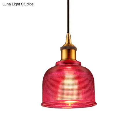 Stylish Grid Glass Pendant Light - Traditional 1 Head Hanging Lamp Cup Shade For Living Room And