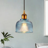 Stylish Grid Glass Pendant Light - Traditional 1 Head Hanging Lamp Cup Shade For Living Room And