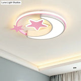 Stylish Kids Crescent And Star Metal Ceiling Light Fixture For Bedroom - Flush Mount Lamp With Ring