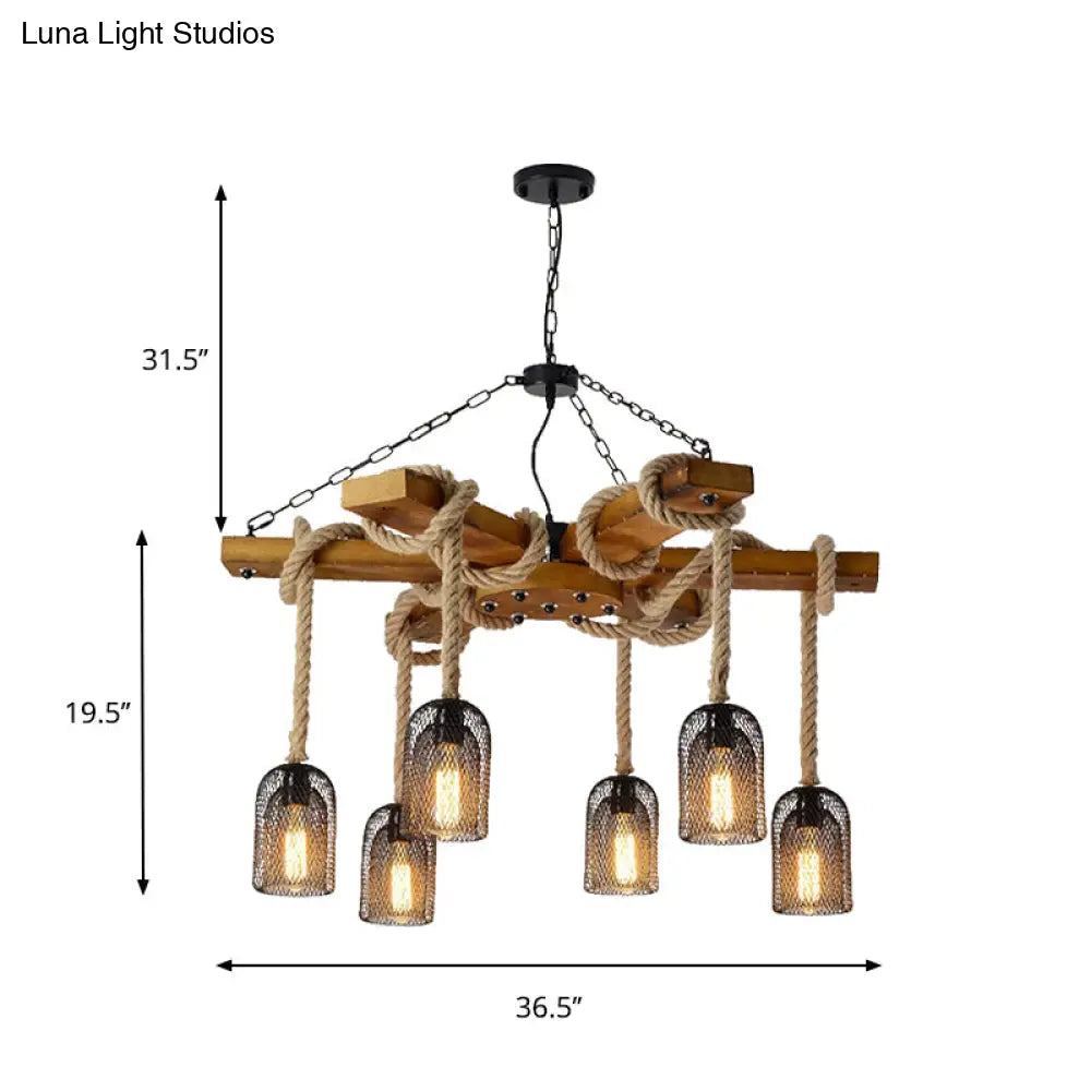 Stylish Lodge Pendant Lighting: Wood And Rope Ceiling Fixture With Wire Mesh 3/6 Lights Brown Base