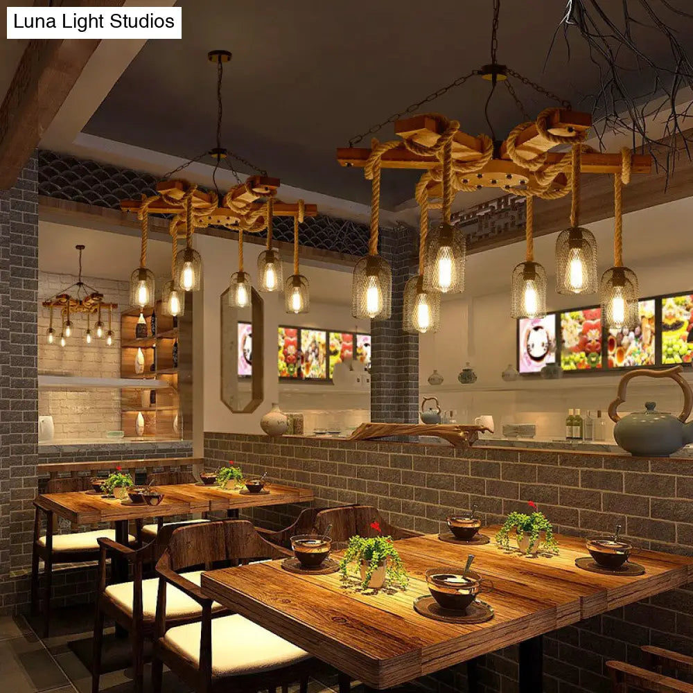 Stylish Lodge Pendant Lighting: Wood And Rope Ceiling Fixture With Wire Mesh 3/6 Lights Brown Base
