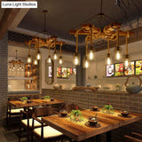 Stylish Lodge Pendant Lighting: Wood And Rope Ceiling Fixture With Wire Mesh 3/6 Lights Brown Base