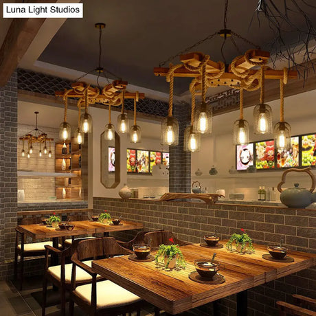 Stylish Lodge Pendant Lighting: Wood And Rope Ceiling Fixture With Wire Mesh 3/6 Lights Brown Base