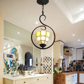 Stylish Orange Grid Dome Pendant Light With Tiffany Glass And Stainless Steel Suspension