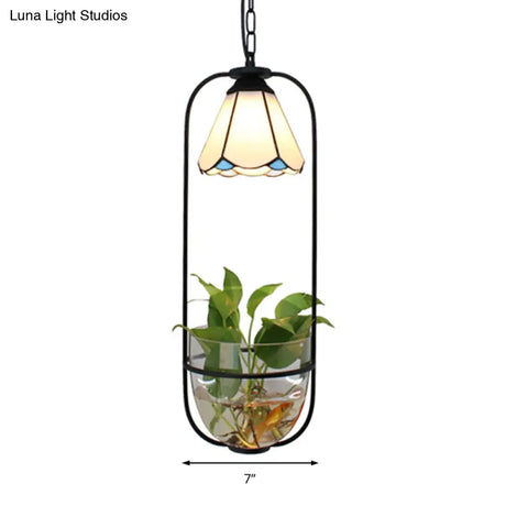 Stylish White Handcrafted Tiffany Art Glass Pendant Light Fixture With Planting