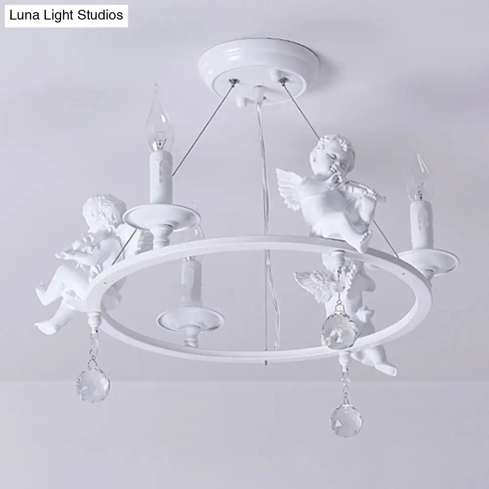 Stylish White Metal Ring & Candle Chandelier With Angel Villa Hanging Light