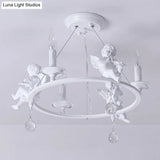 Stylish White Metal Ring & Candle Chandelier With Angel Villa Hanging Light