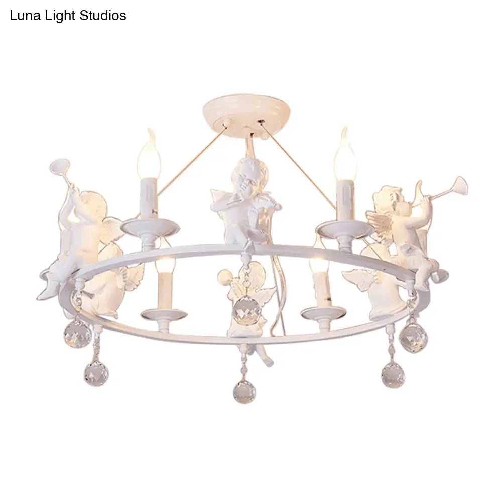 Stylish White Metal Ring & Candle Chandelier With Angel Villa Hanging Light