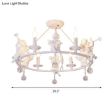 Stylish White Metal Ring & Candle Chandelier With Angel Villa Hanging Light