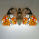 Sunflower Lodge Wall Sconce With Orange/Yellow Glass Shade - 2 Lights Lighting Orange / Down
