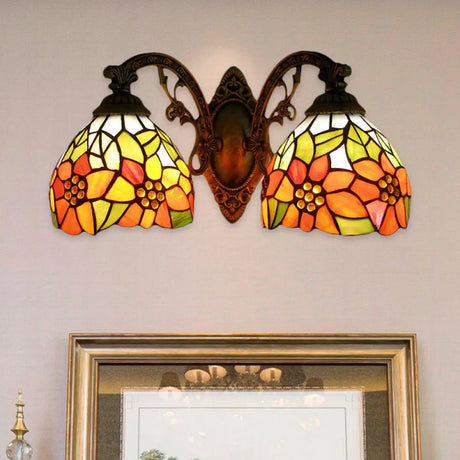 Sunflower Lodge Wall Sconce With Orange/Yellow Glass Shade - 2 Lights Lighting Yellow / Down
