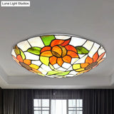 Sunflower Pattern Stained Glass Orange Flush Mount Ceiling Lamp - Hotel Dome Light