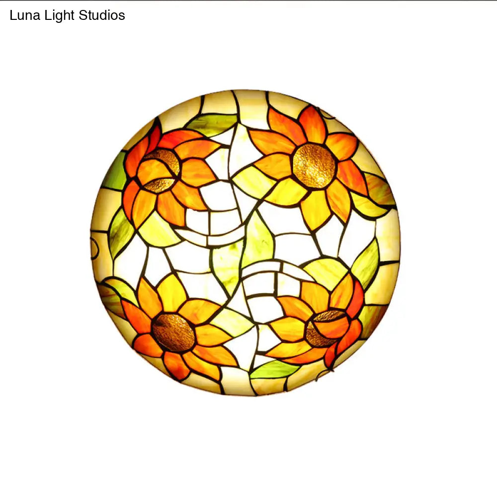 Sunflower Pattern Stained Glass Orange Flush Mount Ceiling Lamp - Hotel Dome Light