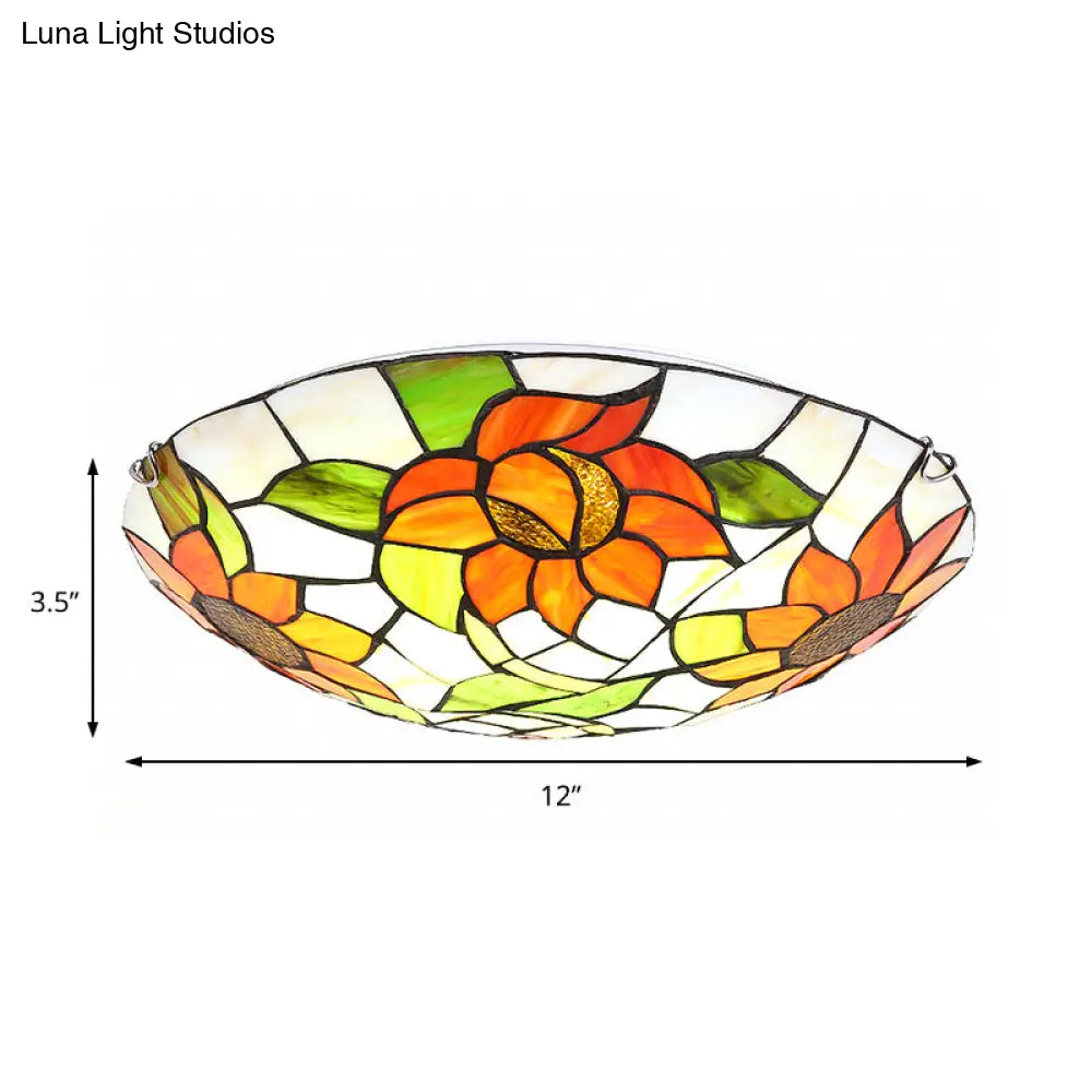 Sunflower Pattern Stained Glass Orange Flush Mount Ceiling Lamp - Hotel Dome Light