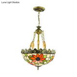 Sunflower/Rose Chandelier Pendant Light Kit - Stained Art Glass 3/4 Lights Red/Green Bedroom