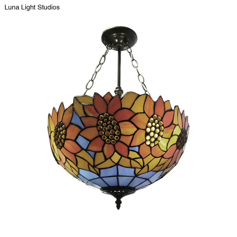 Sunflower Stained Glass Ceiling Light - Rustic Tiffany Style In Orange 12’/16’ Width Semi Flush