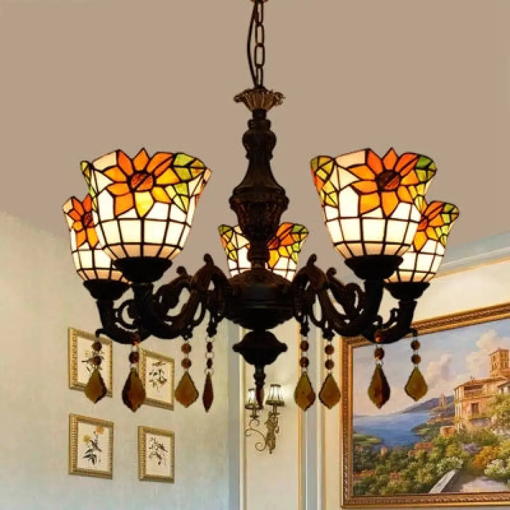 Sunflower Stained Glass Chandelier With 5 Lights - Decorative Suspension Light Yellow