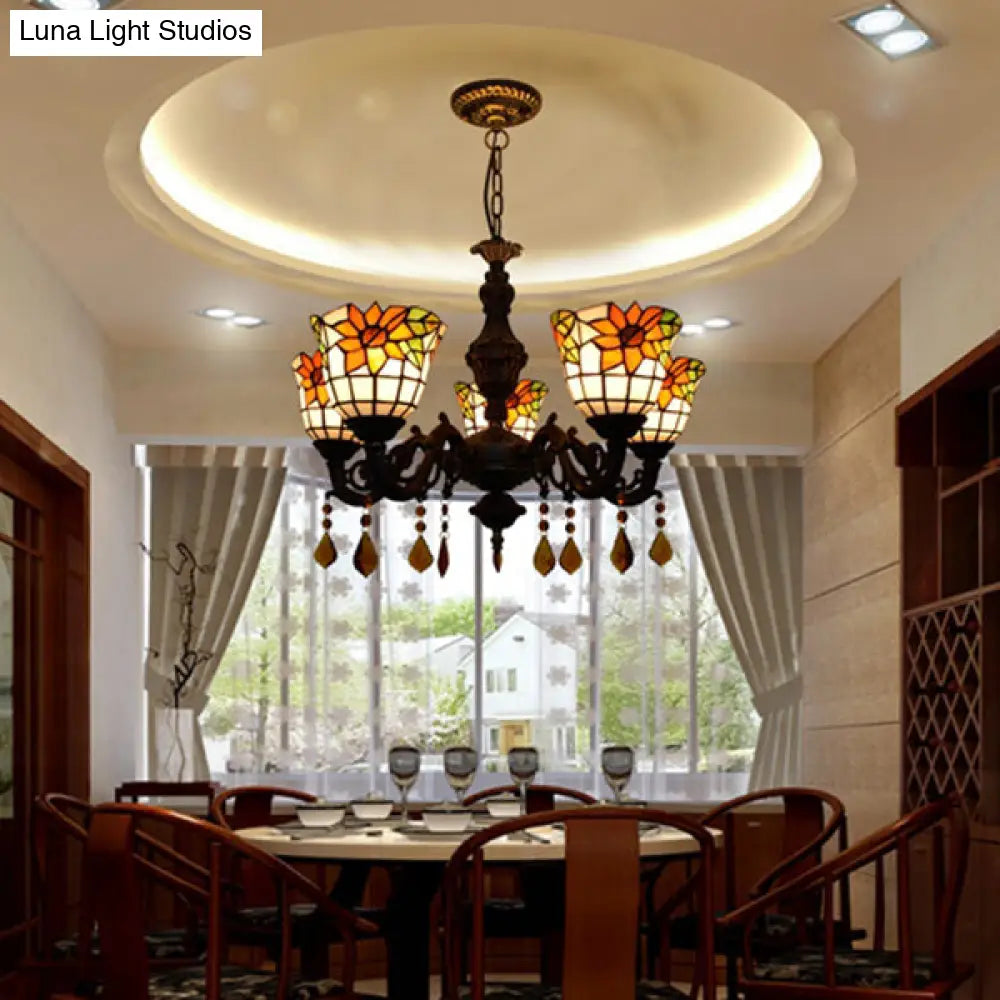 Sunflower Stained Glass Chandelier With 5 Lights - Decorative Suspension Light