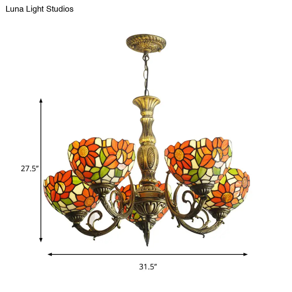 Sunflower Stained Glass Rustic Tiffany Chandelier - 3/5/6 Light Kitchen Hanging With Inverted