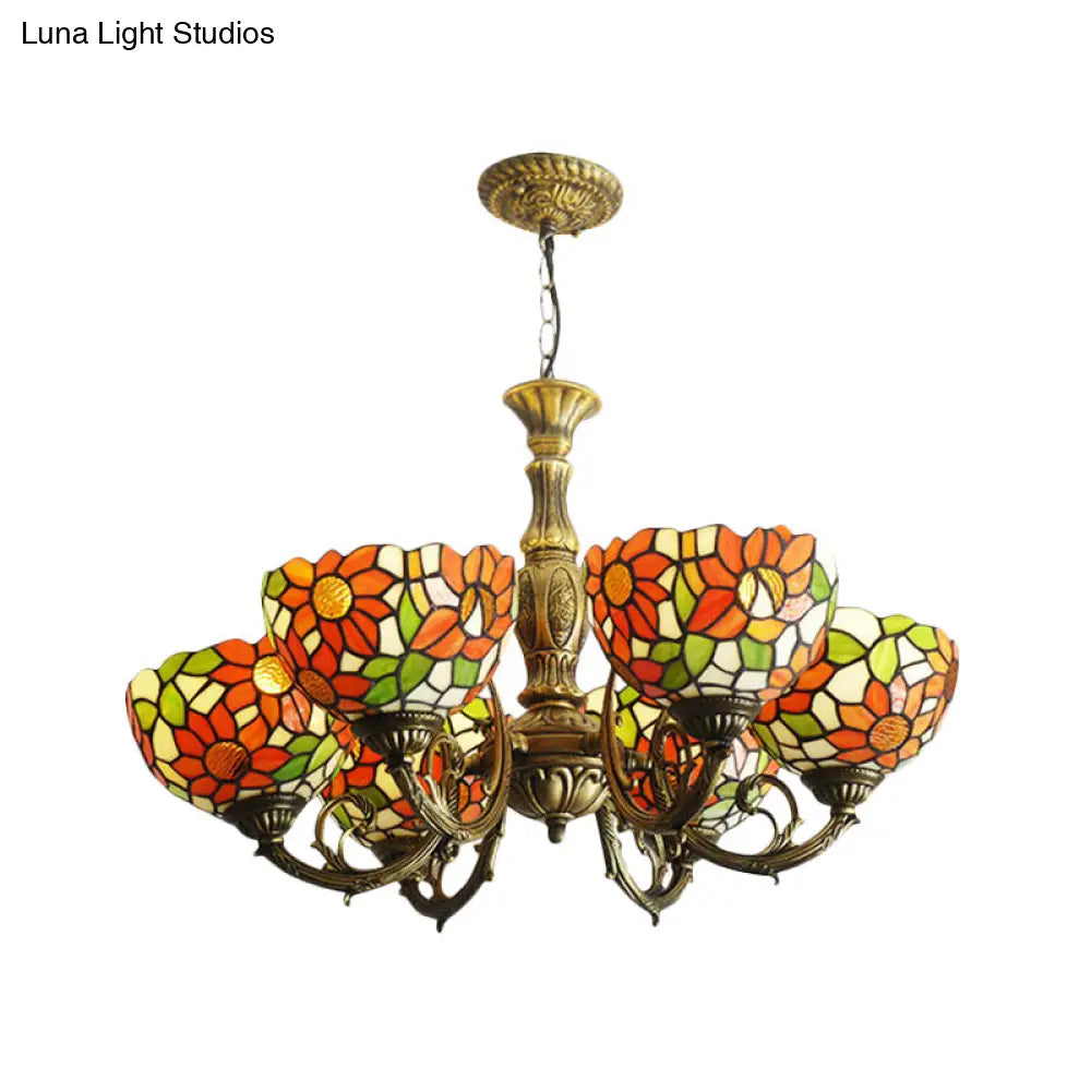 Sunflower Stained Glass Rustic Tiffany Chandelier - 3/5/6 Light Kitchen Hanging With Inverted