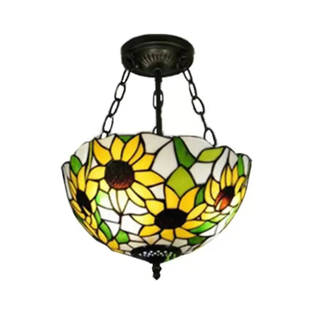 Sunflower Tiffany Ceiling Light With Stained Glass Shade Black / 12’