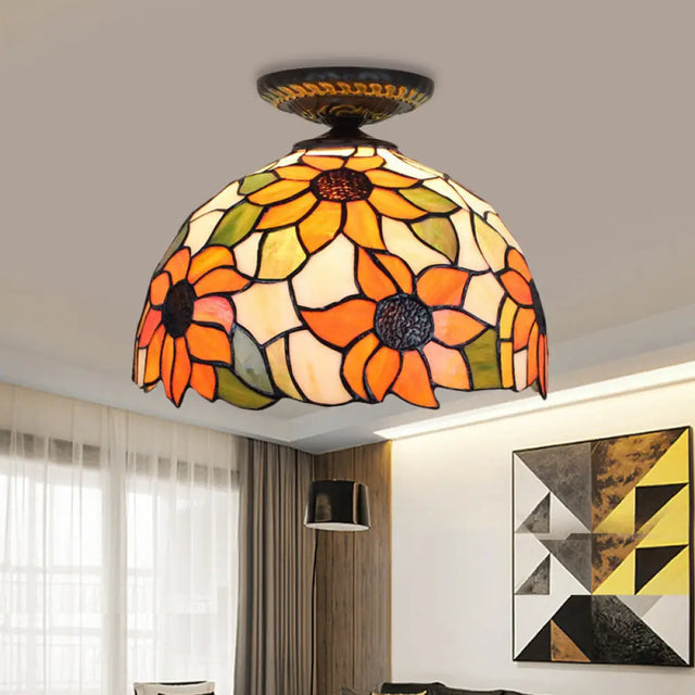 Sunflower Tiffany Stained Glass Ceiling Lamp - 1 Light Brass Flush Mount / 12’