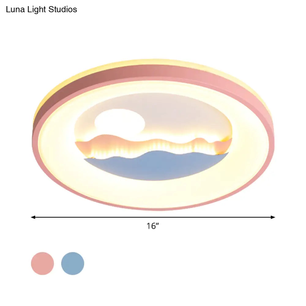 Sunset Round Acrylic Flush Light Fixture With Nordic Led Pink/Blue Mount For Child’s Bedroom