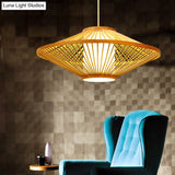 Suspended Bamboo Saucer Lamp - Modern Style 1-Bulb Hanging Light Fixture 19.5/23.5 Dia Black/Beige